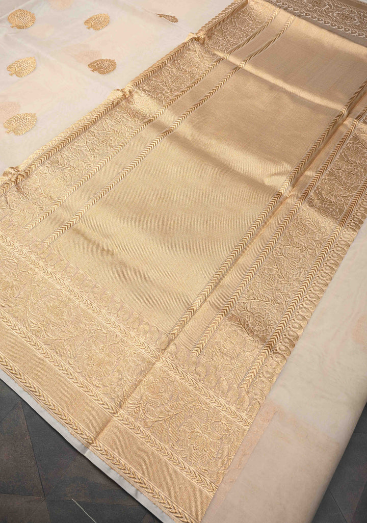 Exquisite Cream Banarasi Kora Silk Saree with Zari Motifs and Border | SILK MARK CERTIFIED