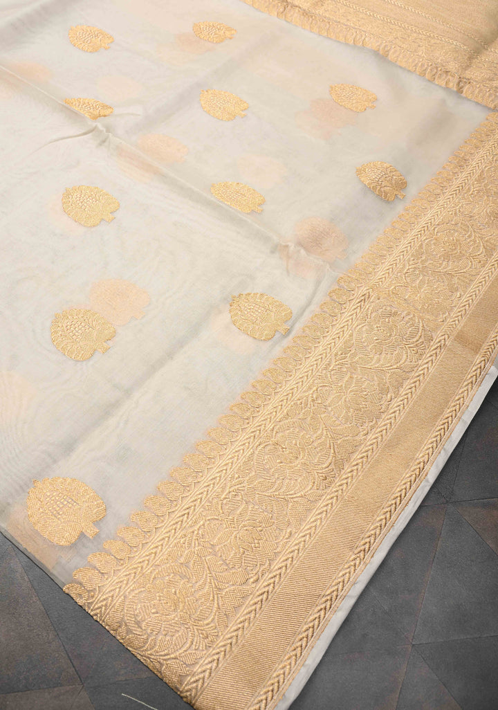 Exquisite Cream Banarasi Kora Silk Saree with Zari Motifs and Border | SILK MARK CERTIFIED