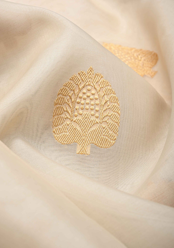 Exquisite Cream Banarasi Kora Silk Saree with Zari Motifs and Border | SILK MARK CERTIFIED