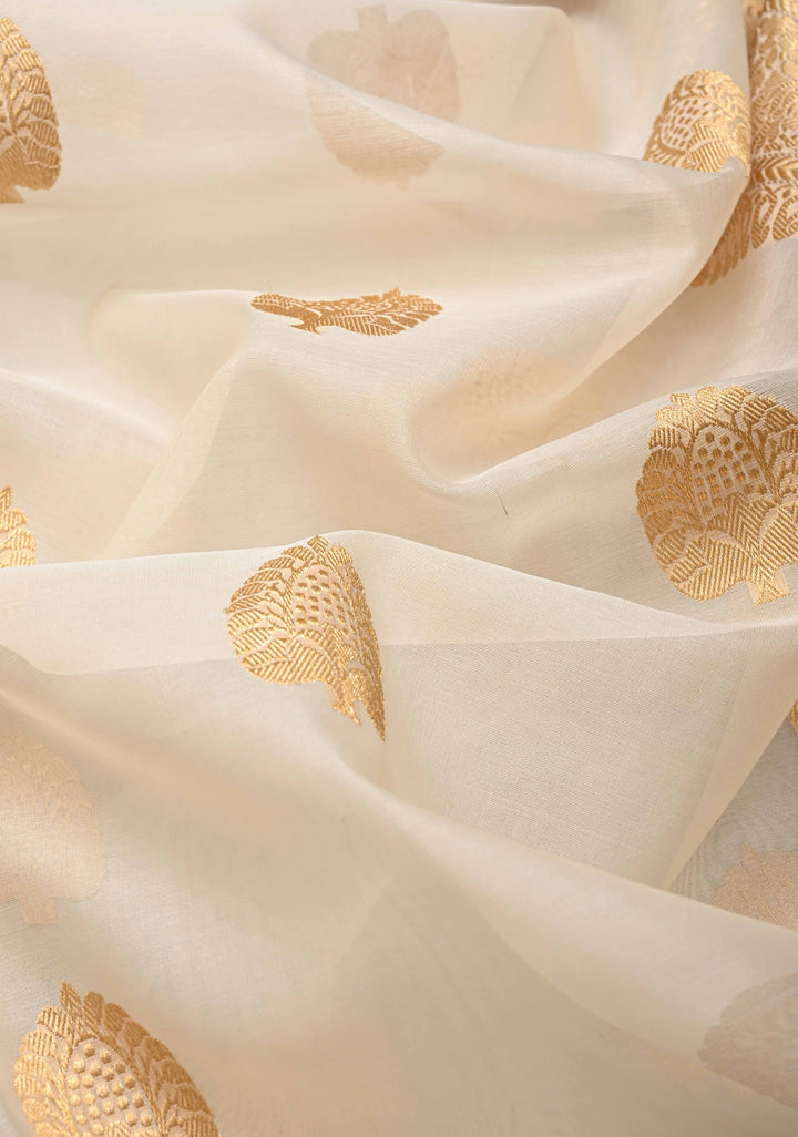 Exquisite Cream Banarasi Kora Silk Saree with Zari Motifs and Border | SILK MARK CERTIFIED