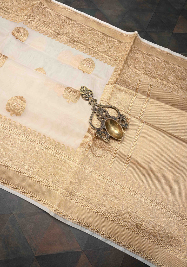 Exquisite Cream Banarasi Kora Silk Saree with Zari Motifs and Border | SILK MARK CERTIFIED