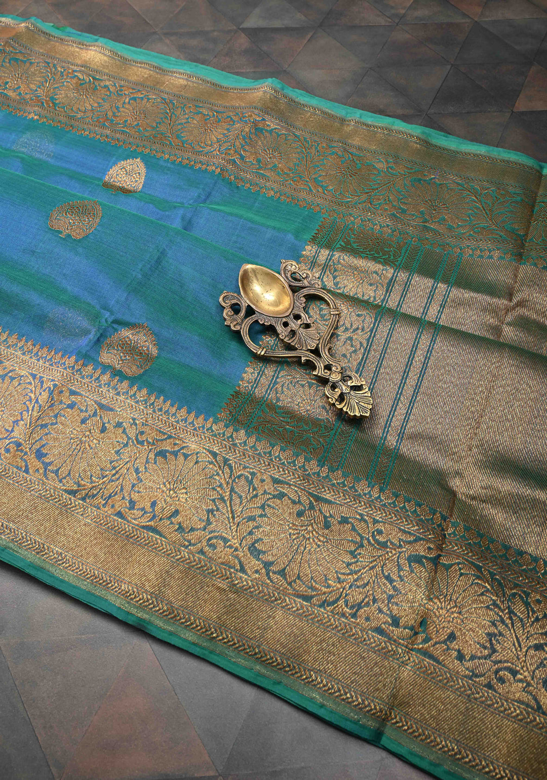 Exquisite Banarasi Kora Silk Saree with antique Zari Motifs and Border in Peacock blue And Green Dual Tone  | SILK MARK CERTIFIED