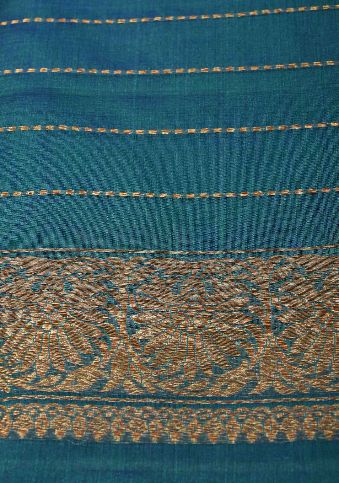 Exquisite Banarasi Kora Silk Saree with antique Zari Motifs and Border in Peacock blue And Green Dual Tone  | SILK MARK CERTIFIED