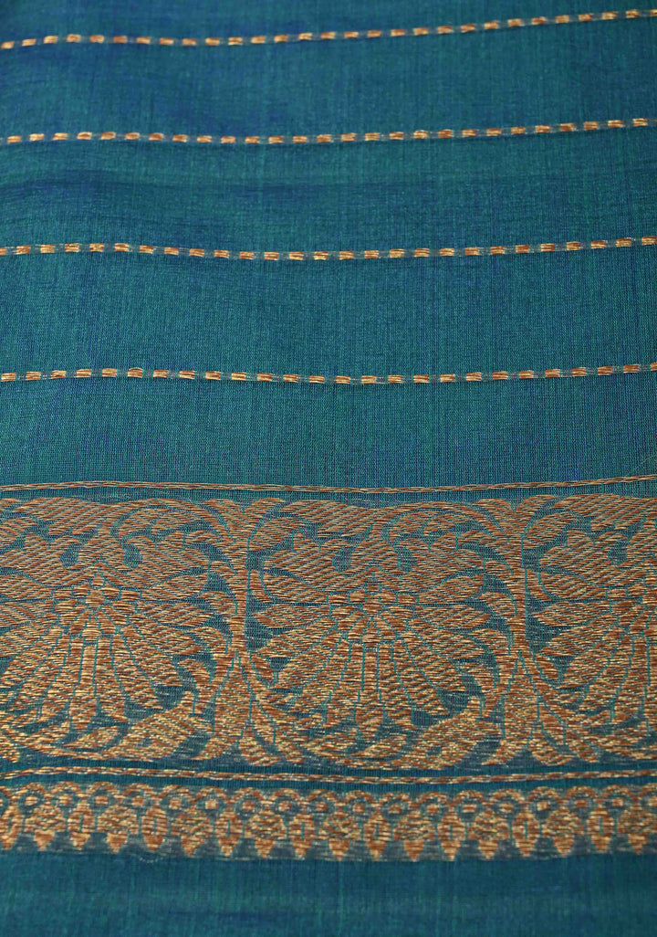Exquisite Banarasi Kora Silk Saree with antique Zari Motifs and Border in Peacock blue And Green Dual Tone  | SILK MARK CERTIFIED