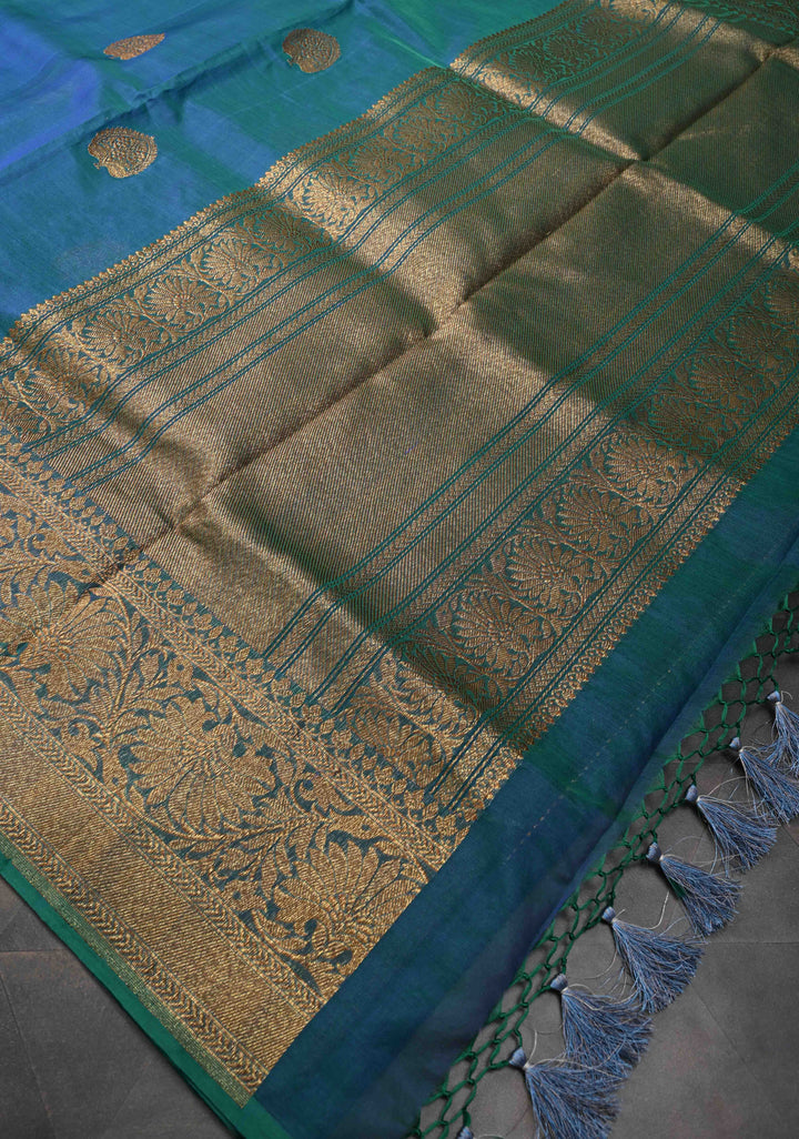 Exquisite Banarasi Kora Silk Saree with antique Zari Motifs and Border in Peacock blue And Green Dual Tone  | SILK MARK CERTIFIED