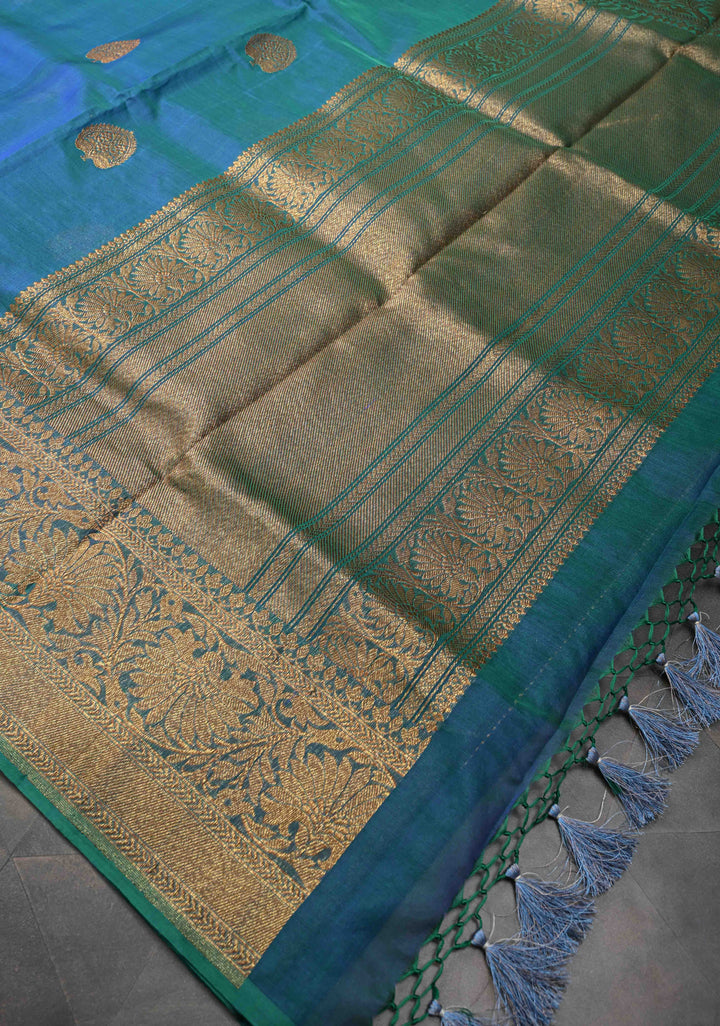 Exquisite Banarasi Kora Silk Saree with antique Zari Motifs and Border in Peacock blue And Green Dual Tone  | SILK MARK CERTIFIED
