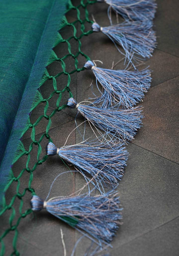 Exquisite Banarasi Kora Silk Saree with antique Zari Motifs and Border in Peacock blue And Green Dual Tone  | SILK MARK CERTIFIED