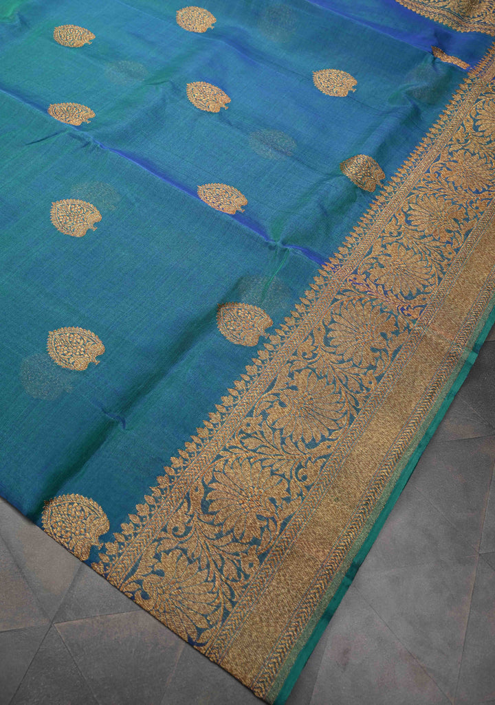 Exquisite Banarasi Kora Silk Saree with antique Zari Motifs and Border in Peacock blue And Green Dual Tone  | SILK MARK CERTIFIED