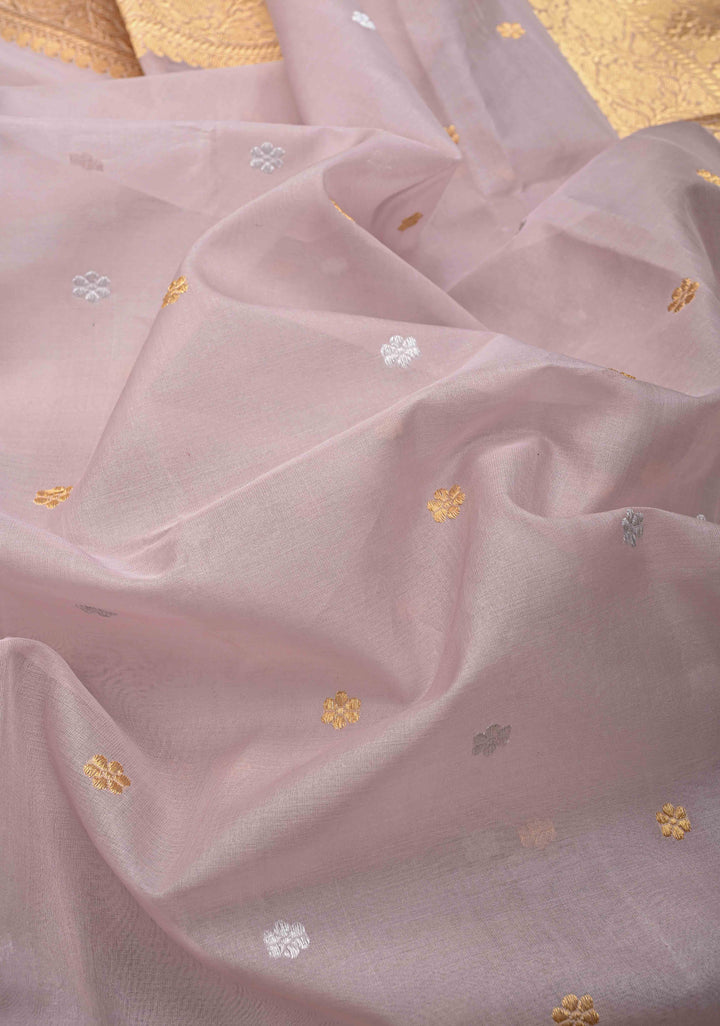 Taupe Banarasi Kora Silk Saree with Sona Rupa Floral Buttas and Zari Border | SILK MARK CERTIFIED