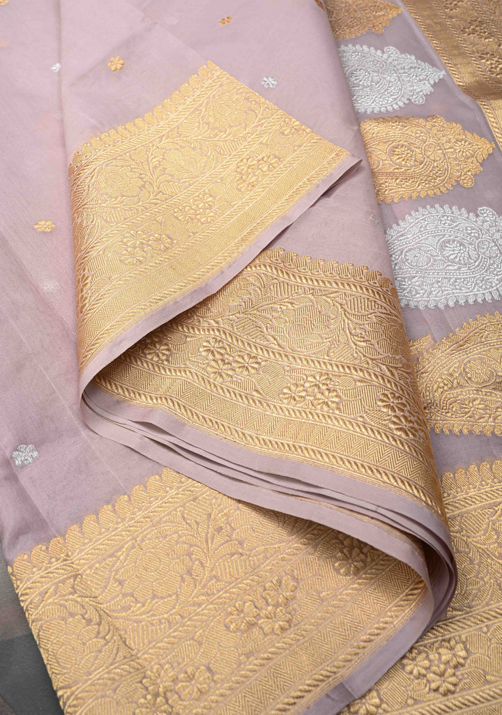 Taupe Banarasi Kora Silk Saree with Sona Rupa Floral Buttas and Zari Border | SILK MARK CERTIFIED