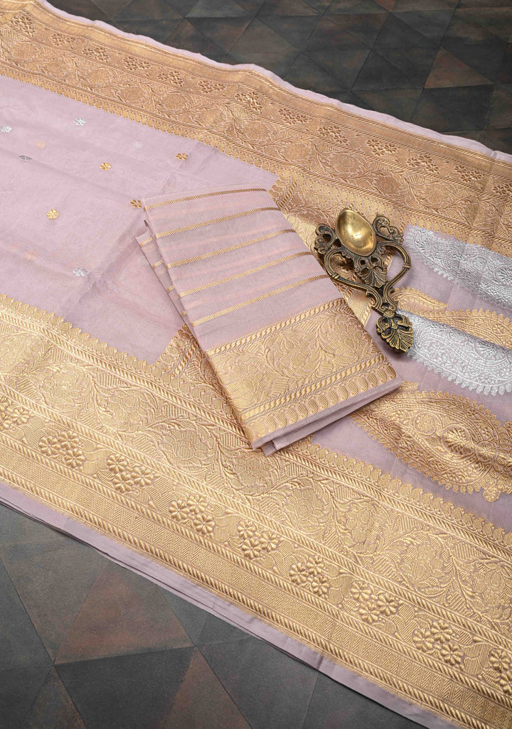 Taupe Banarasi Kora Silk Saree with Sona Rupa Floral Buttas and Zari Border | SILK MARK CERTIFIED