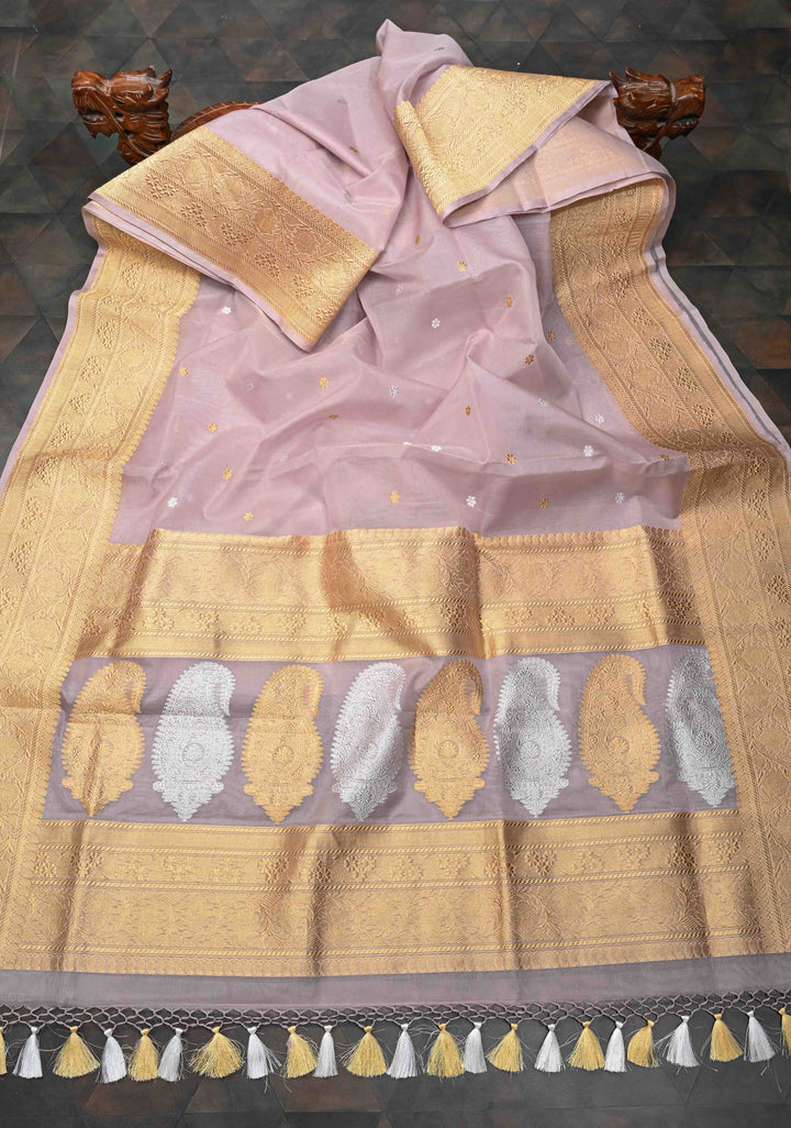 Taupe Banarasi Kora Silk Saree with Sona Rupa Floral Buttas and Zari Border | SILK MARK CERTIFIED