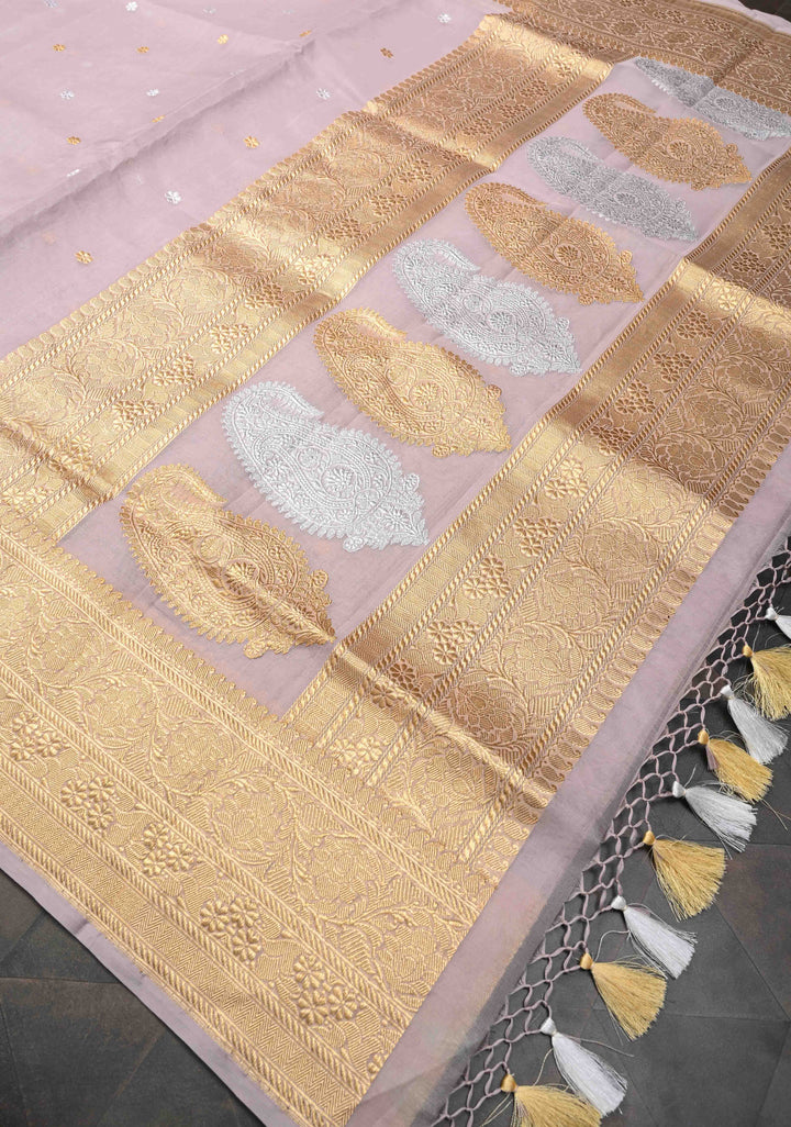 Taupe Banarasi Kora Silk Saree with Sona Rupa Floral Buttas and Zari Border | SILK MARK CERTIFIED