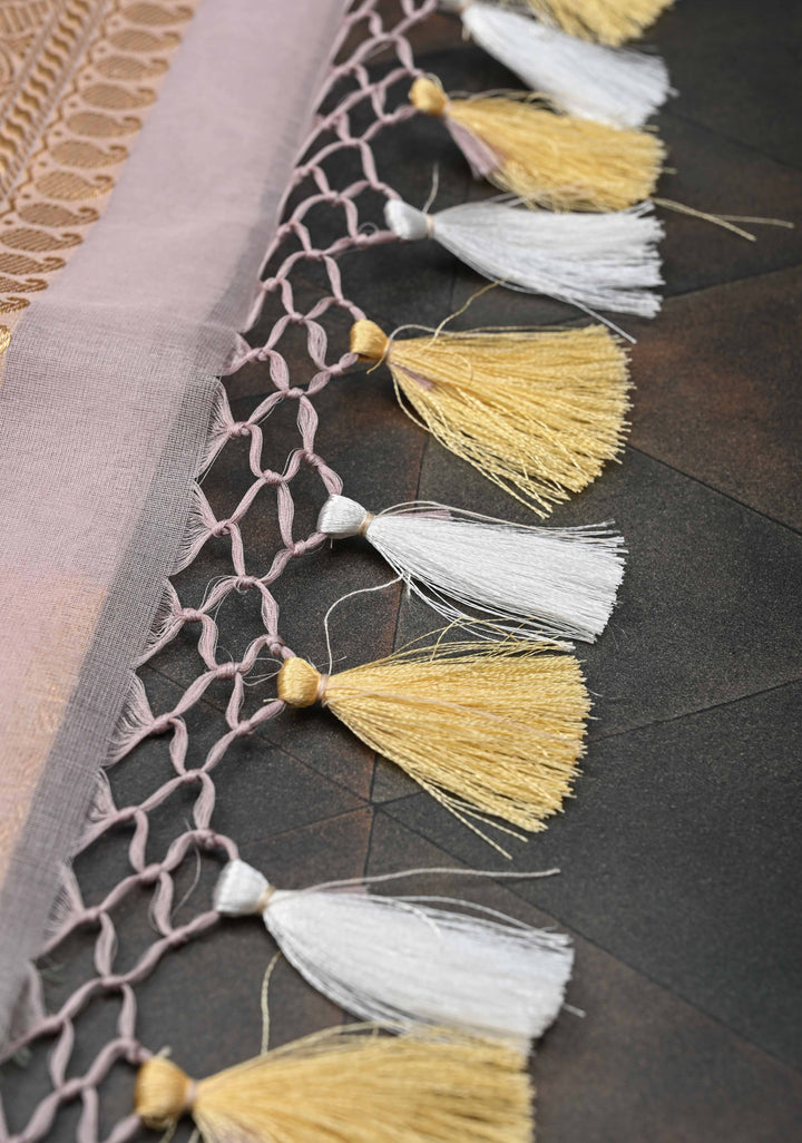 Taupe Banarasi Kora Silk Saree with Sona Rupa Floral Buttas and Zari Border | SILK MARK CERTIFIED