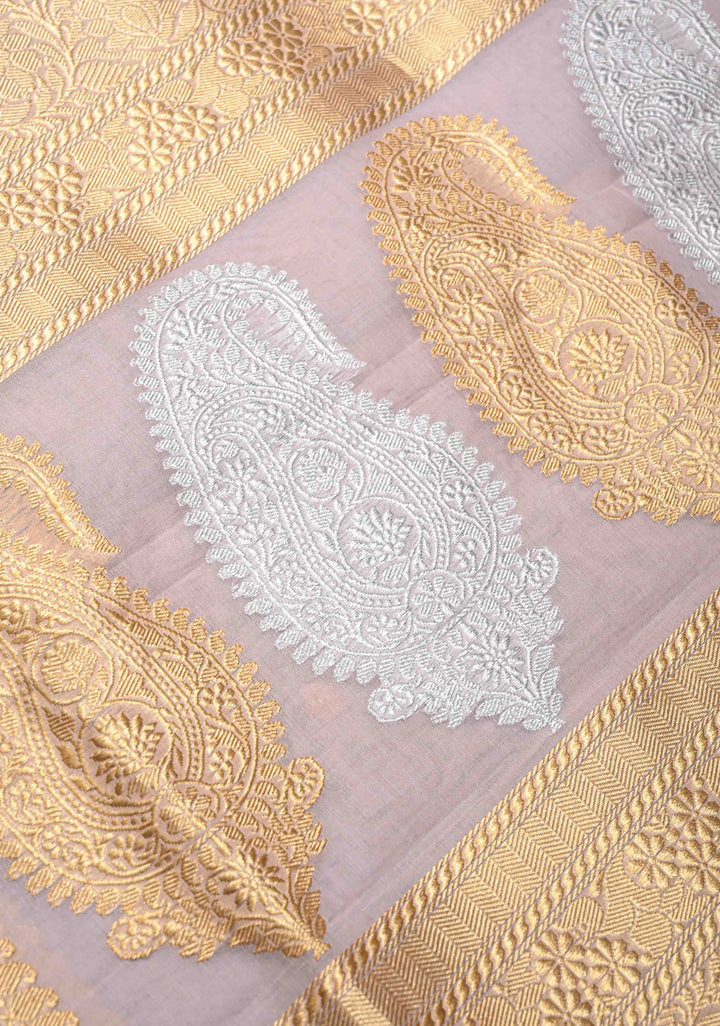 Taupe Banarasi Kora Silk Saree with Sona Rupa Floral Buttas and Zari Border | SILK MARK CERTIFIED
