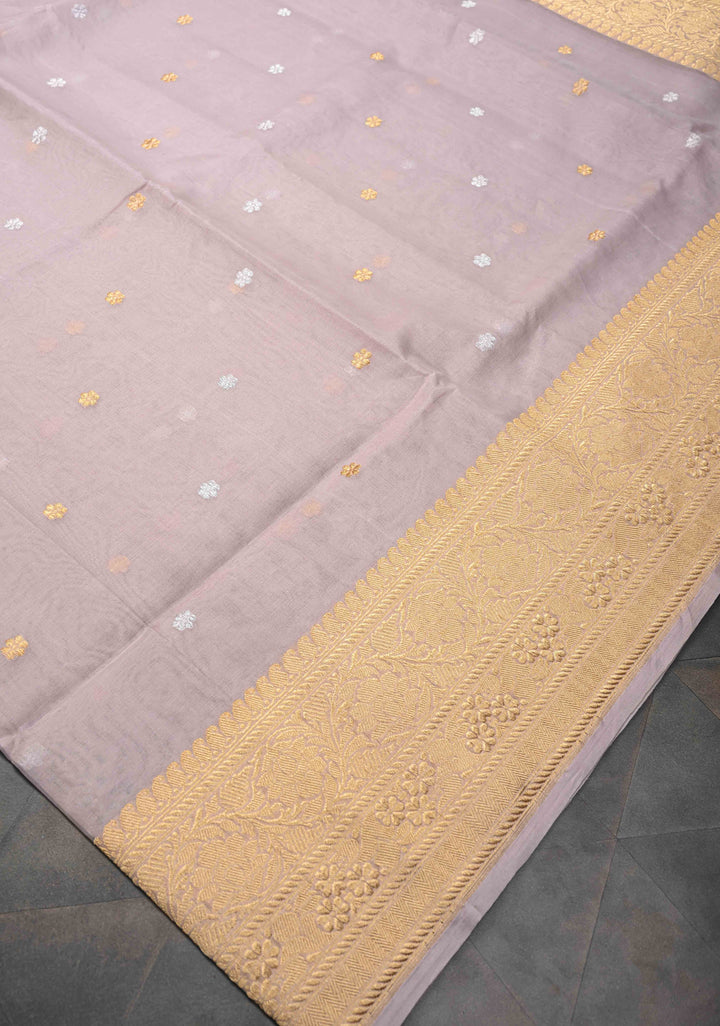 Taupe Banarasi Kora Silk Saree with Sona Rupa Floral Buttas and Zari Border | SILK MARK CERTIFIED