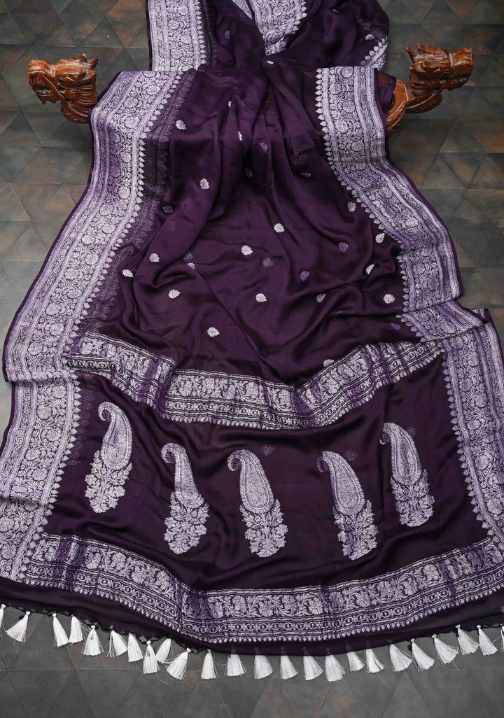 Pure Silk Chiffon Saree in Dark Purple with Silver Tone Zari Buttas and Zari Border | SILK MARK CERTIFIED