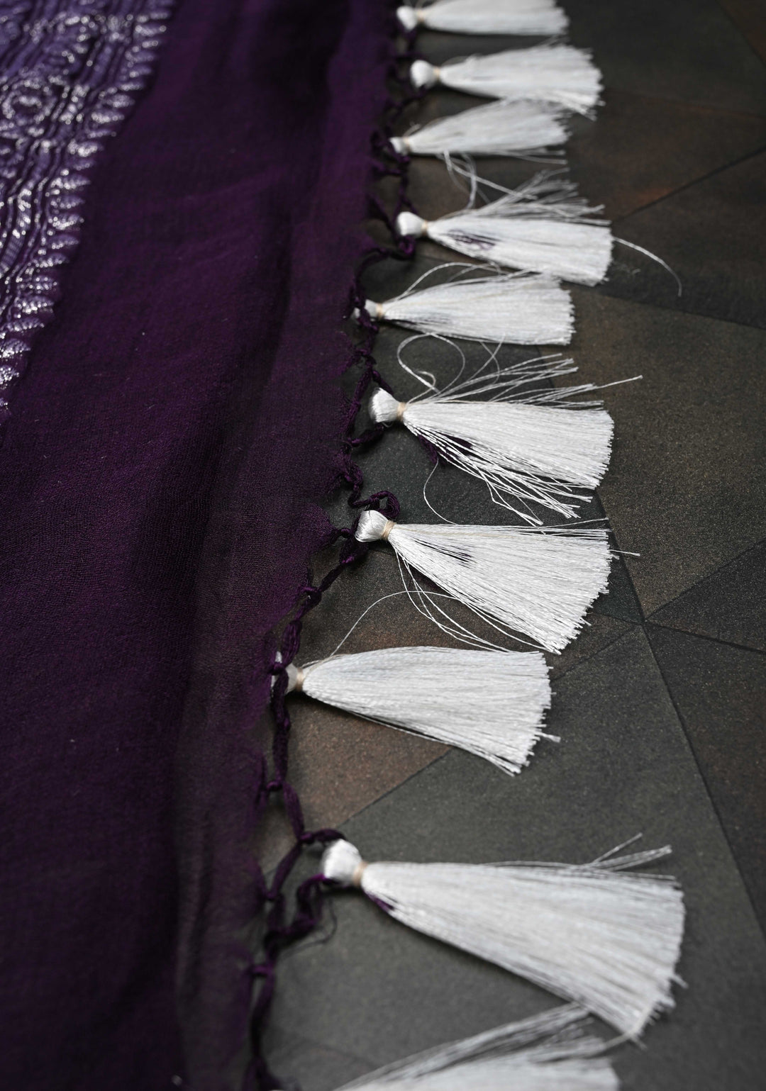 Pure Silk Chiffon Saree in Dark Purple with Silver Tone Zari Buttas and Zari Border | SILK MARK CERTIFIED