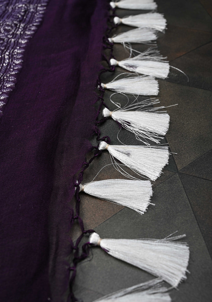 Pure Silk Chiffon Saree in Dark Purple with Silver Tone Zari Buttas and Zari Border | SILK MARK CERTIFIED