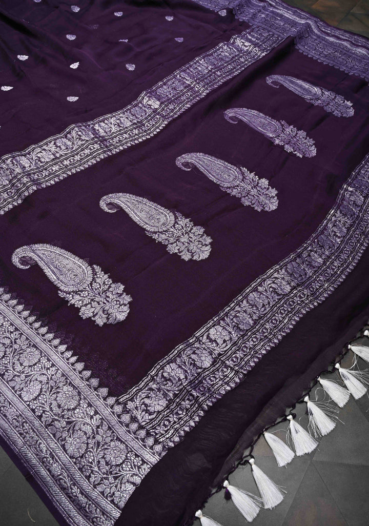 Pure Silk Chiffon Saree in Dark Purple with Silver Tone Zari Buttas and Zari Border | SILK MARK CERTIFIED