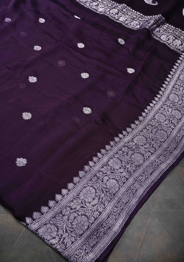 Pure Silk Chiffon Saree in Dark Purple with Silver Tone Zari Buttas and Zari Border | SILK MARK CERTIFIED