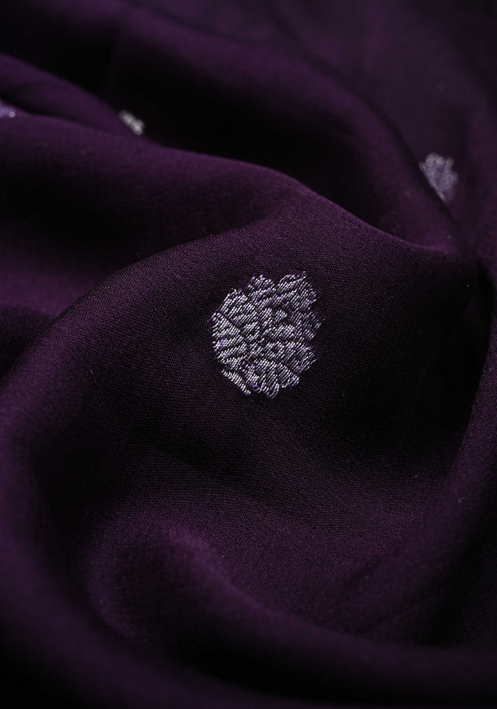 Pure Silk Chiffon Saree in Dark Purple with Silver Tone Zari Buttas and Zari Border | SILK MARK CERTIFIED