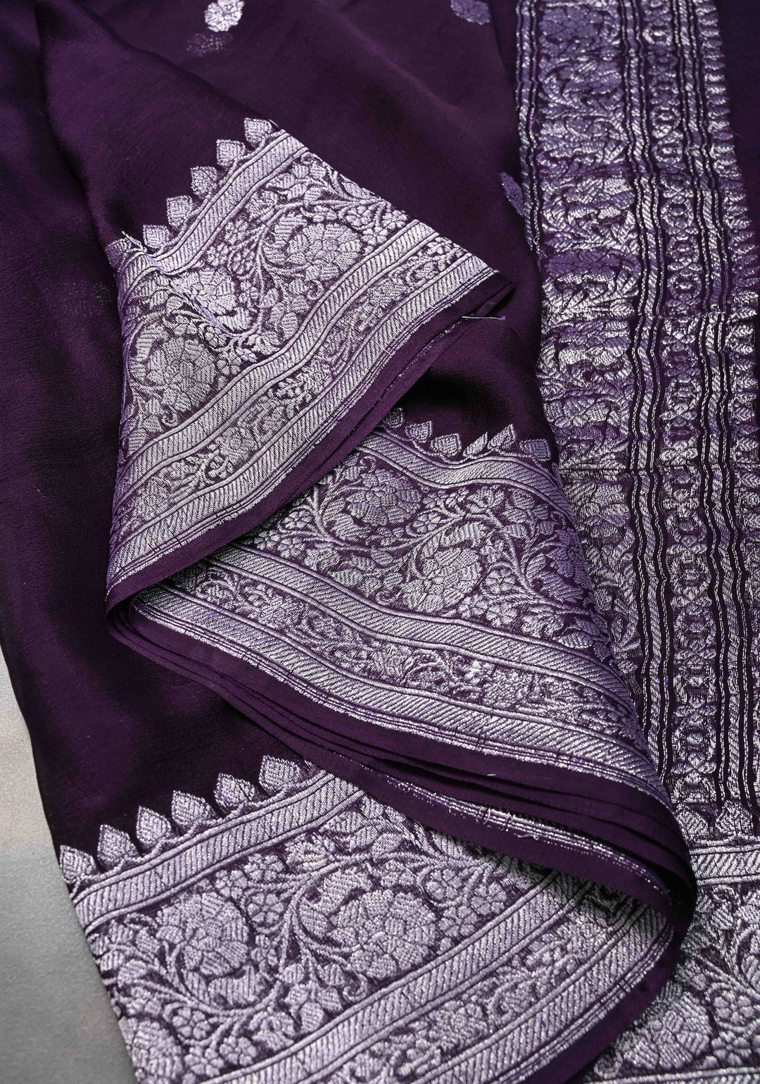 Pure Silk Chiffon Saree in Dark Purple with Silver Tone Zari Buttas and Zari Border | SILK MARK CERTIFIED