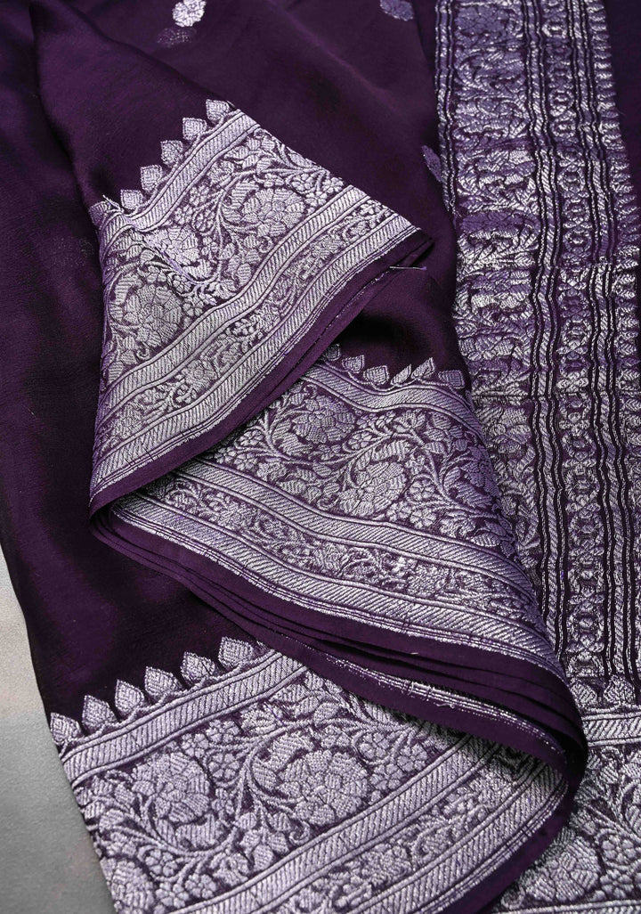Pure Silk Chiffon Saree in Dark Purple with Silver Tone Zari Buttas and Zari Border | SILK MARK CERTIFIED