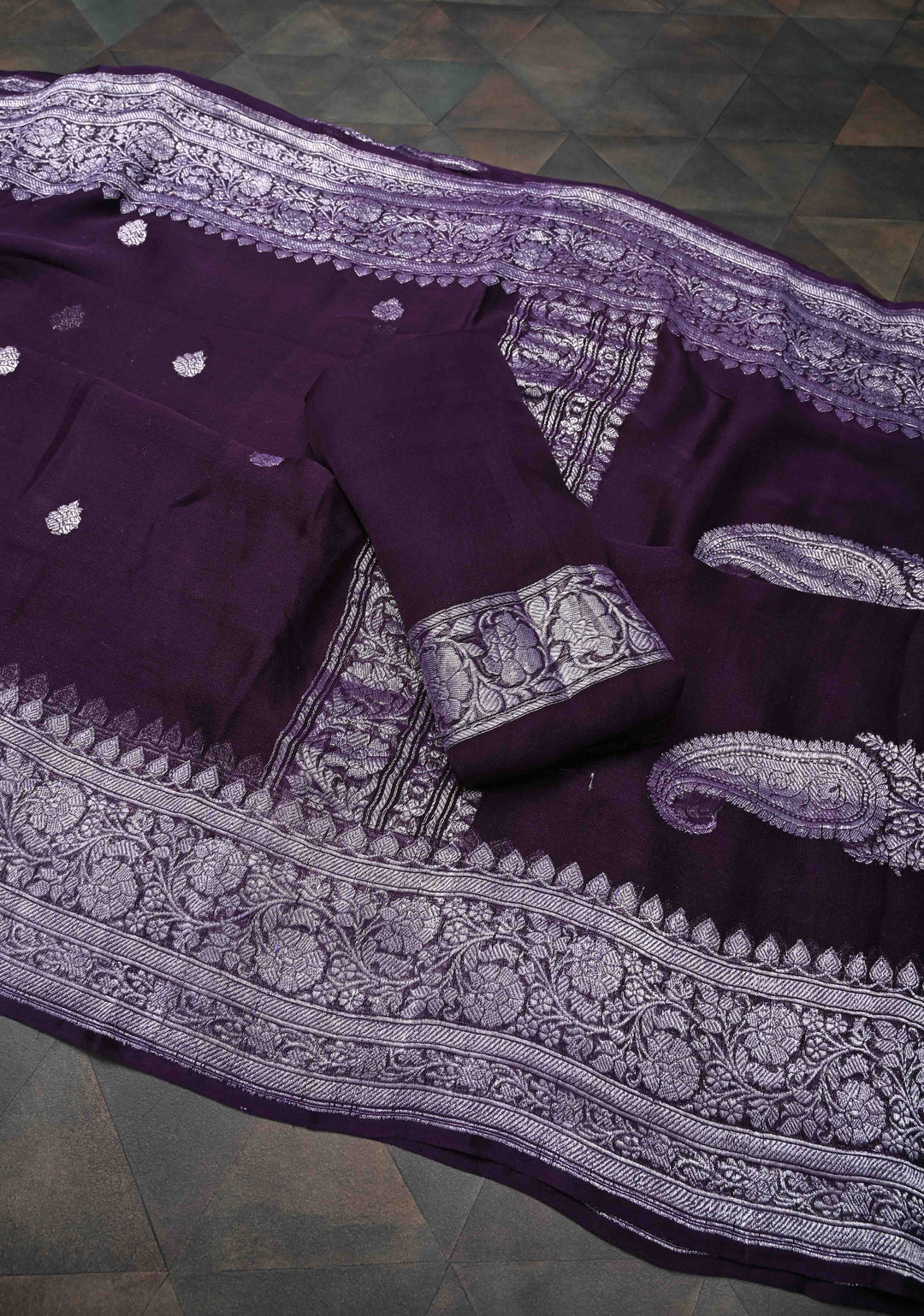 Pure Silk Chiffon Saree in Dark Purple with Silver Tone Zari Buttas and Zari Border | SILK MARK CERTIFIED