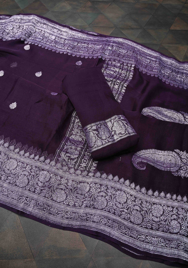Pure Silk Chiffon Saree in Dark Purple with Silver Tone Zari Buttas and Zari Border | SILK MARK CERTIFIED