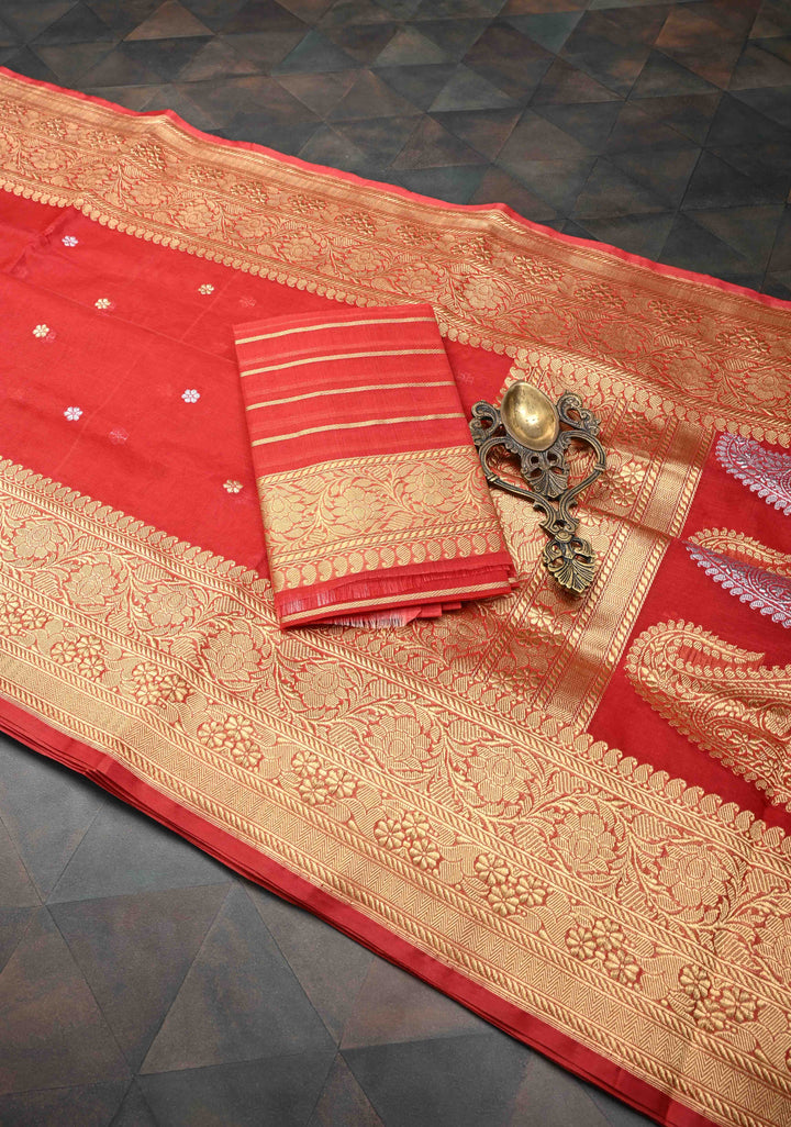 Scarlet Red Banarasi Kora Silk Saree with Sona Rupa Floral Buttas and Zari Border | SILK MARK CERTIFIED