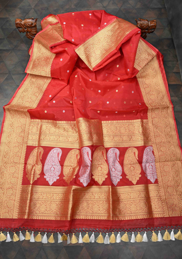 Scarlet Red Banarasi Kora Silk Saree with Sona Rupa Floral Buttas and Zari Border | SILK MARK CERTIFIED