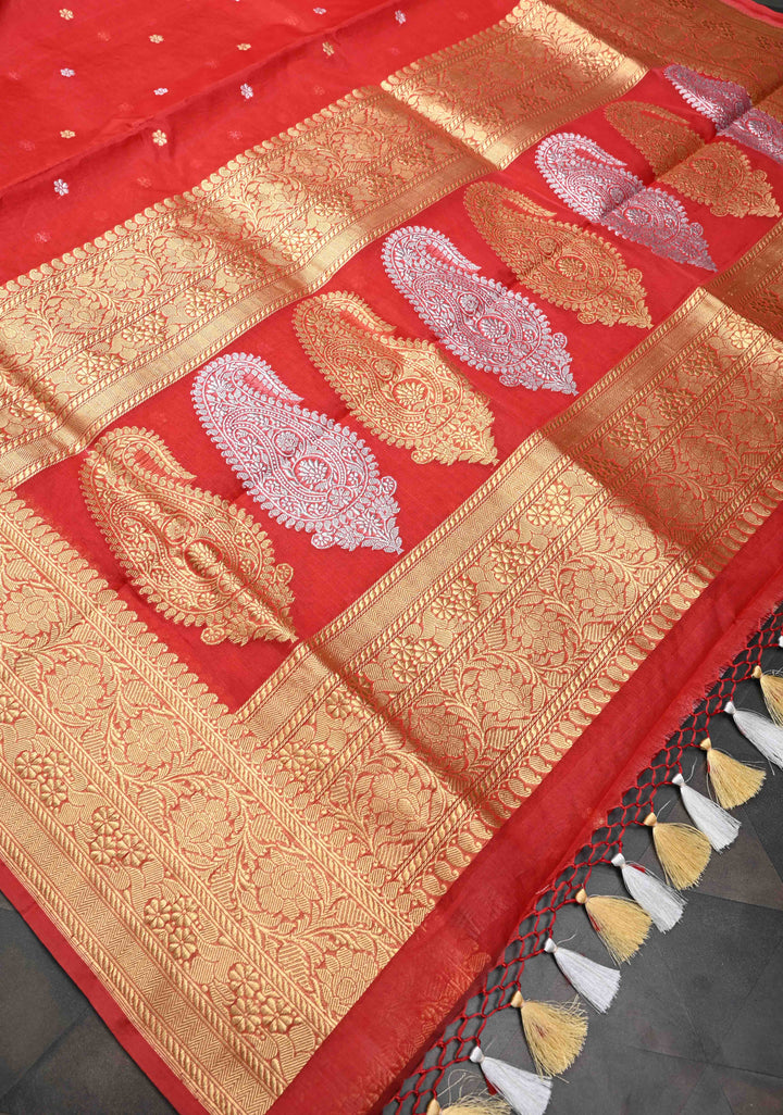 Scarlet Red Banarasi Kora Silk Saree with Sona Rupa Floral Buttas and Zari Border | SILK MARK CERTIFIED