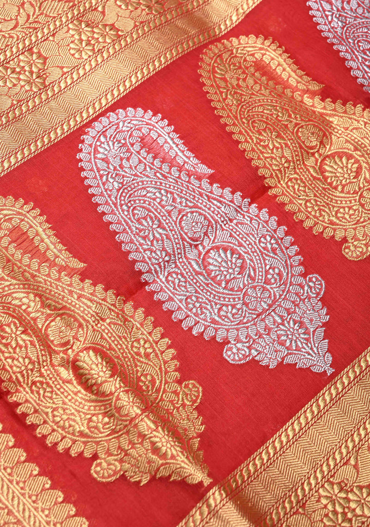 Scarlet Red Banarasi Kora Silk Saree with Sona Rupa Floral Buttas and Zari Border | SILK MARK CERTIFIED