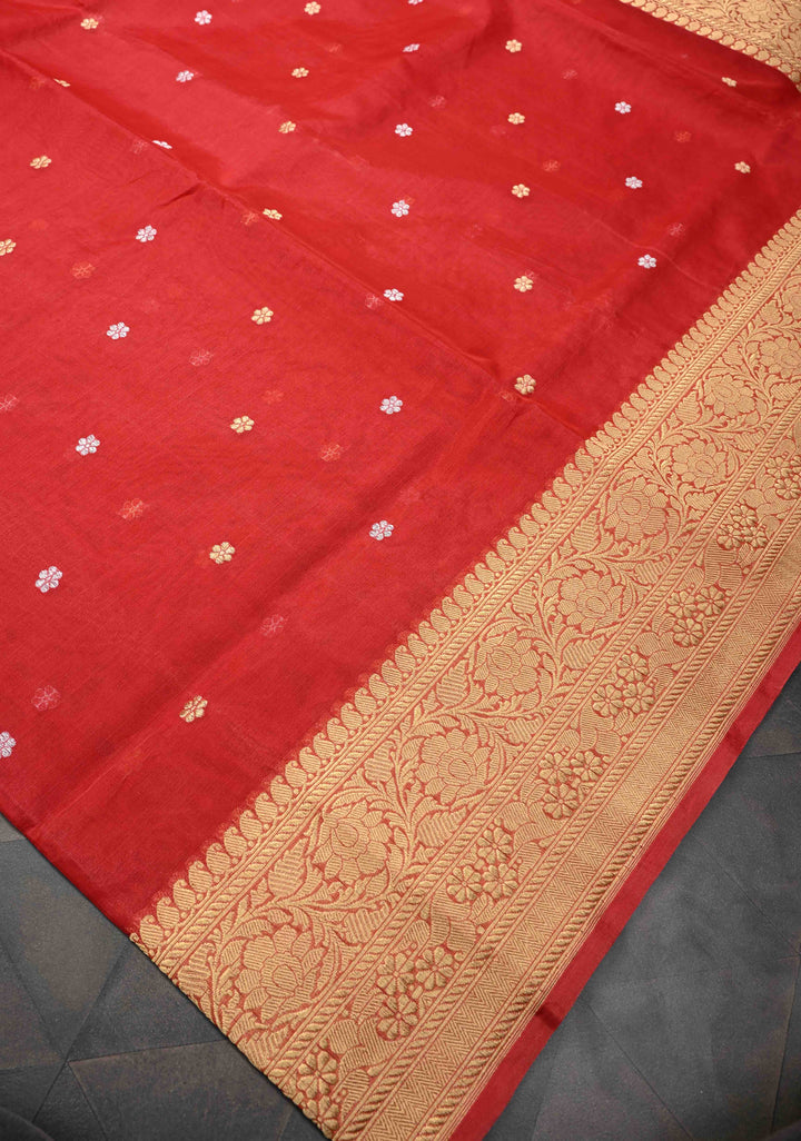 Scarlet Red Banarasi Kora Silk Saree with Sona Rupa Floral Buttas and Zari Border | SILK MARK CERTIFIED