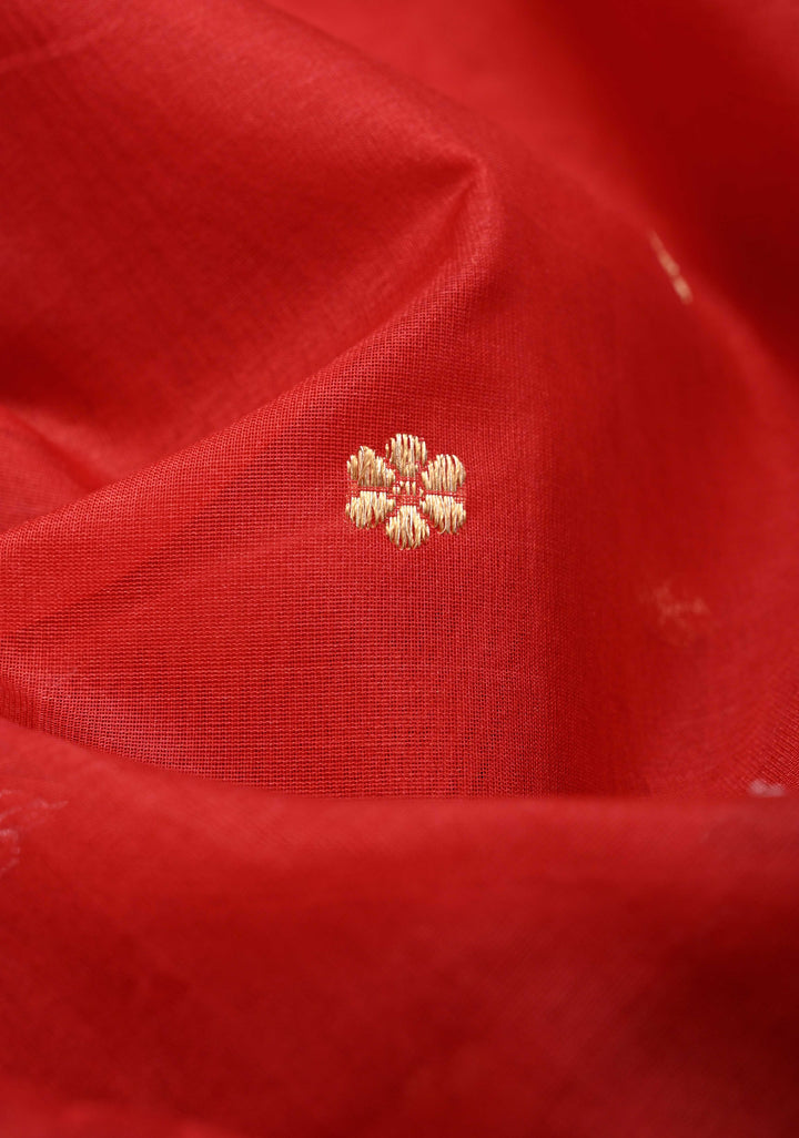 Scarlet Red Banarasi Kora Silk Saree with Sona Rupa Floral Buttas and Zari Border | SILK MARK CERTIFIED