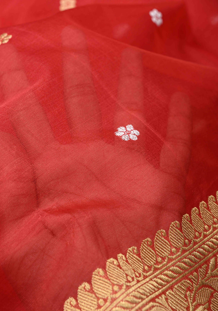 Scarlet Red Banarasi Kora Silk Saree with Sona Rupa Floral Buttas and Zari Border | SILK MARK CERTIFIED