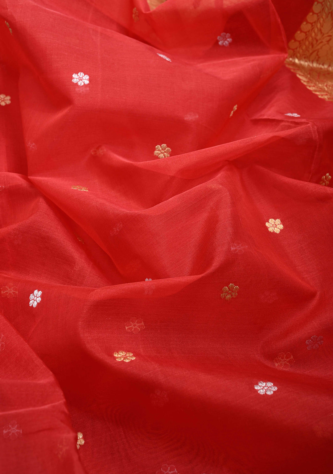 Scarlet Red Banarasi Kora Silk Saree with Sona Rupa Floral Buttas and Zari Border | SILK MARK CERTIFIED