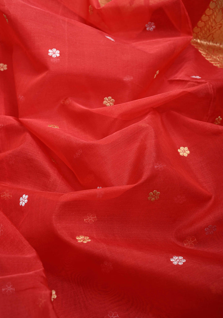 Scarlet Red Banarasi Kora Silk Saree with Sona Rupa Floral Buttas and Zari Border | SILK MARK CERTIFIED