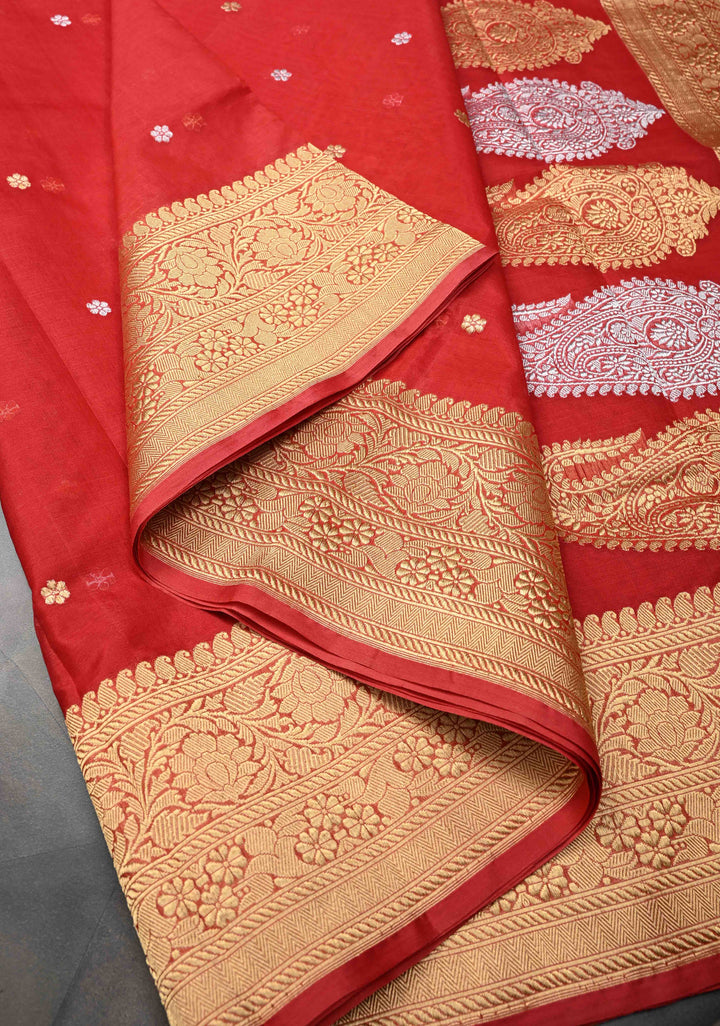 Scarlet Red Banarasi Kora Silk Saree with Sona Rupa Floral Buttas and Zari Border | SILK MARK CERTIFIED