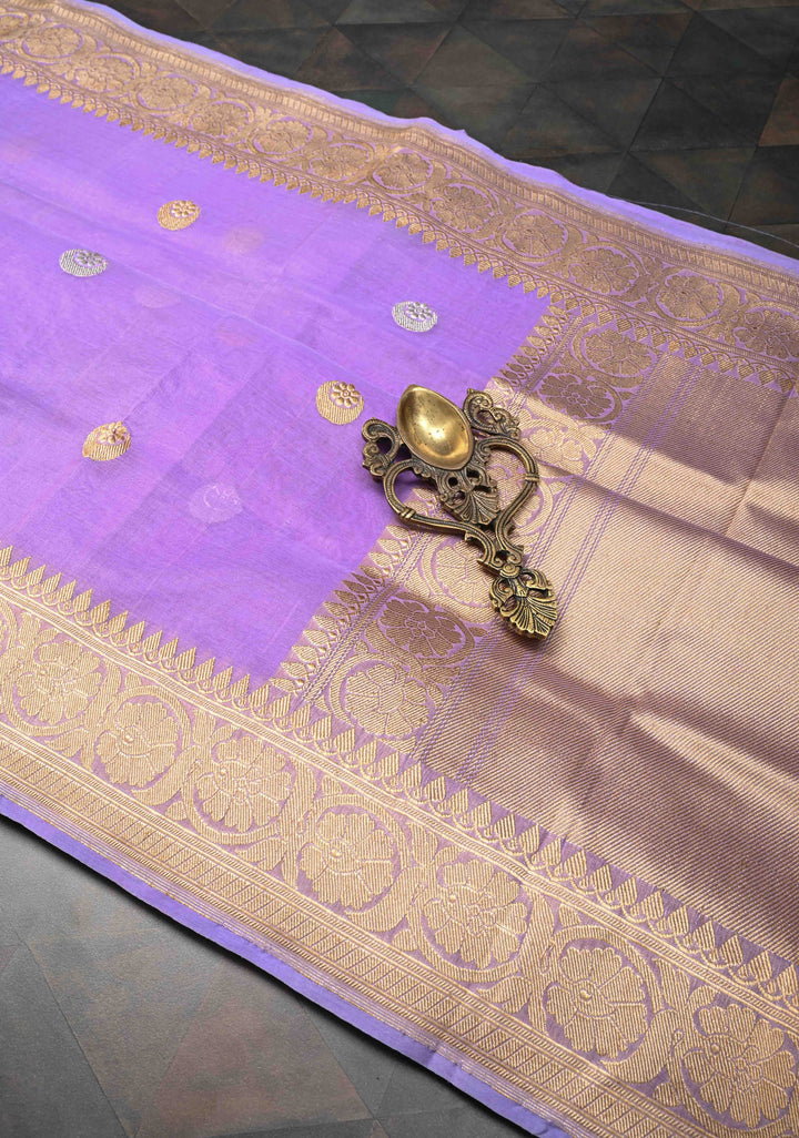 Lavender Banarasi Kora Silk Saree with Sona Rupa Chand Tara Buttas and Zari Border | SILK MARK CERTIFIED