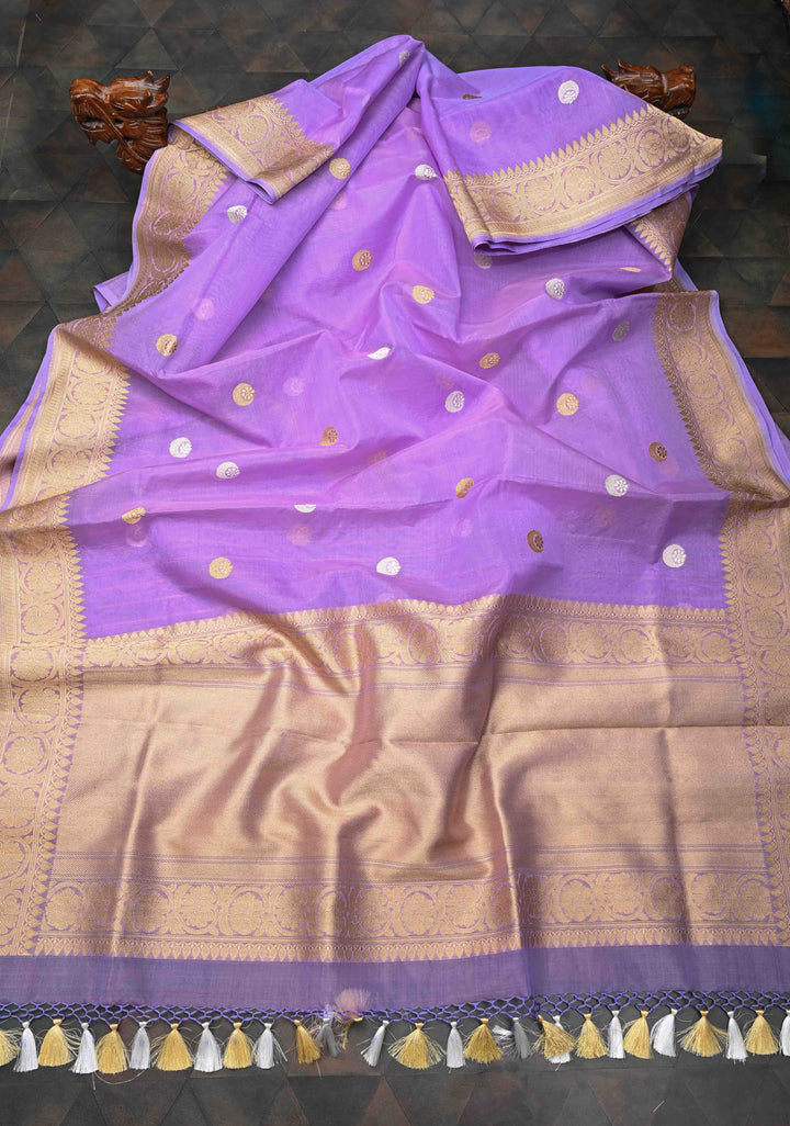 Lavender Banarasi Kora Silk Saree with Sona Rupa Chand Tara Buttas and Zari Border | SILK MARK CERTIFIED