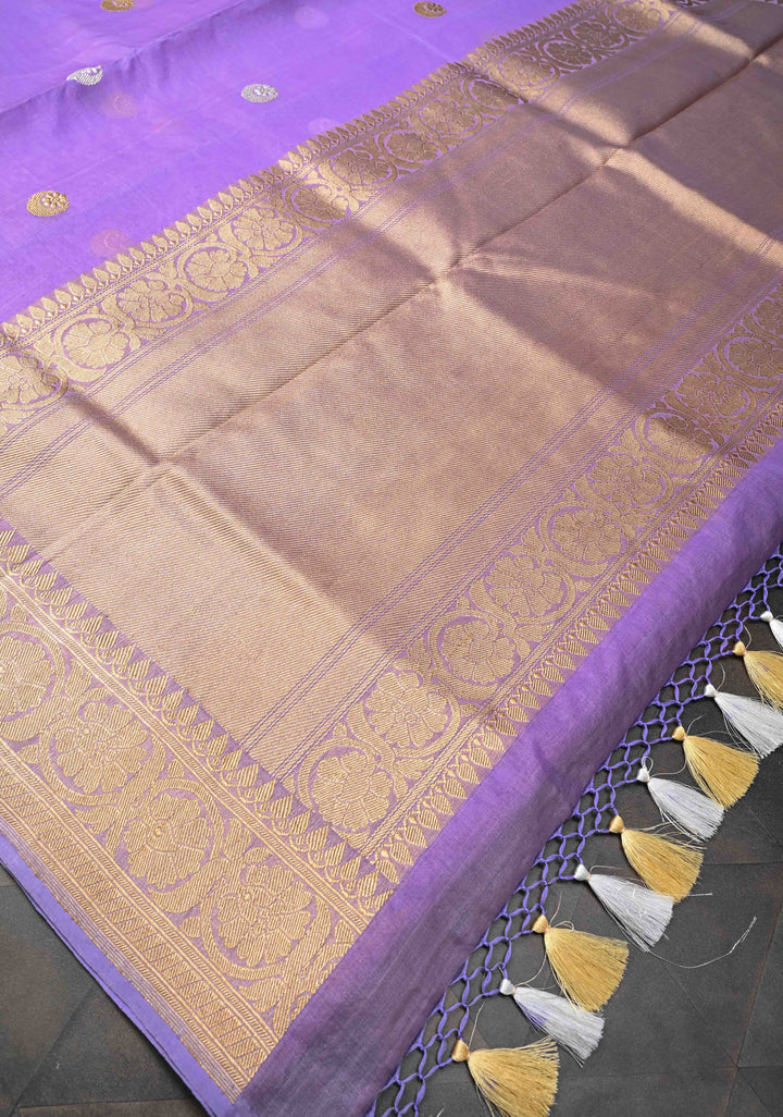 Lavender Banarasi Kora Silk Saree with Sona Rupa Chand Tara Buttas and Zari Border | SILK MARK CERTIFIED