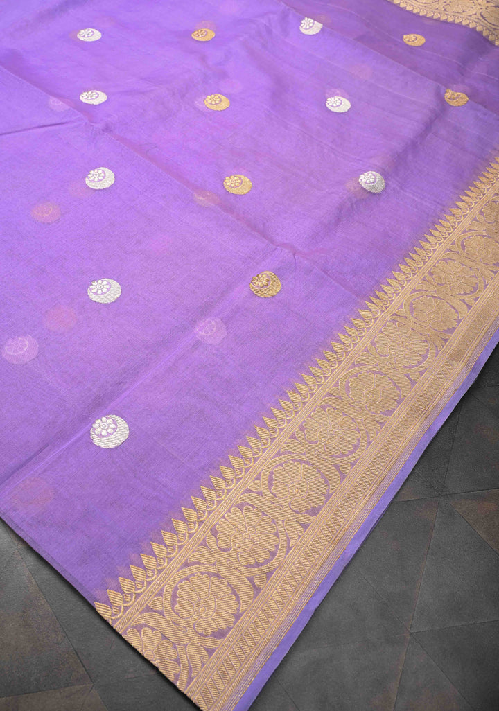 Lavender Banarasi Kora Silk Saree with Sona Rupa Chand Tara Buttas and Zari Border | SILK MARK CERTIFIED