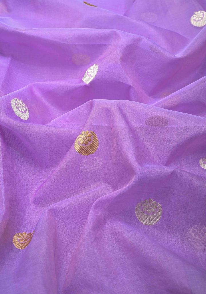 Lavender Banarasi Kora Silk Saree with Sona Rupa Chand Tara Buttas and Zari Border | SILK MARK CERTIFIED