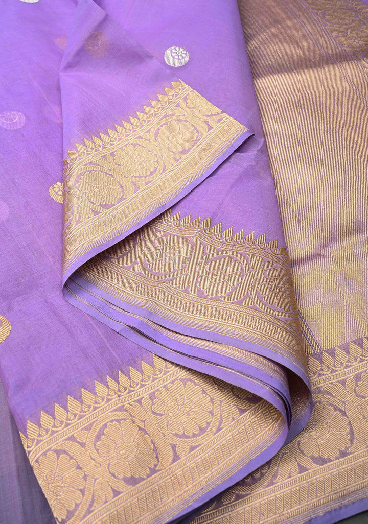 Lavender Banarasi Kora Silk Saree with Sona Rupa Chand Tara Buttas and Zari Border | SILK MARK CERTIFIED