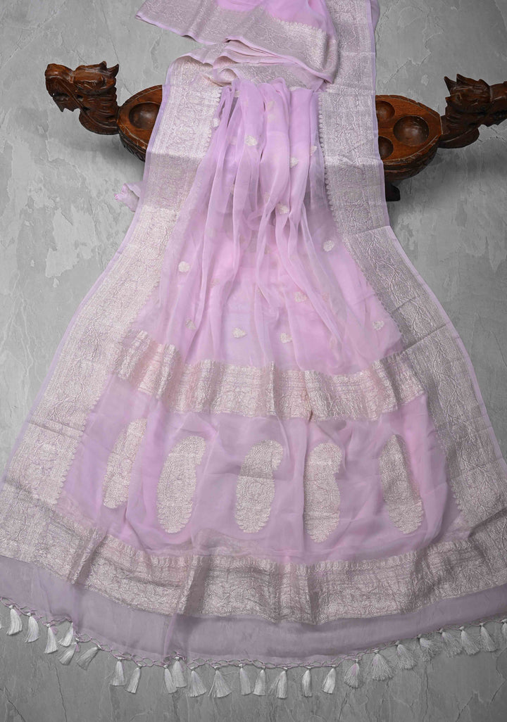 Baby Pink Silk Chiffon Saree with Silver Tone Zari Buttas and Border | SILK MARK CERTIFIED