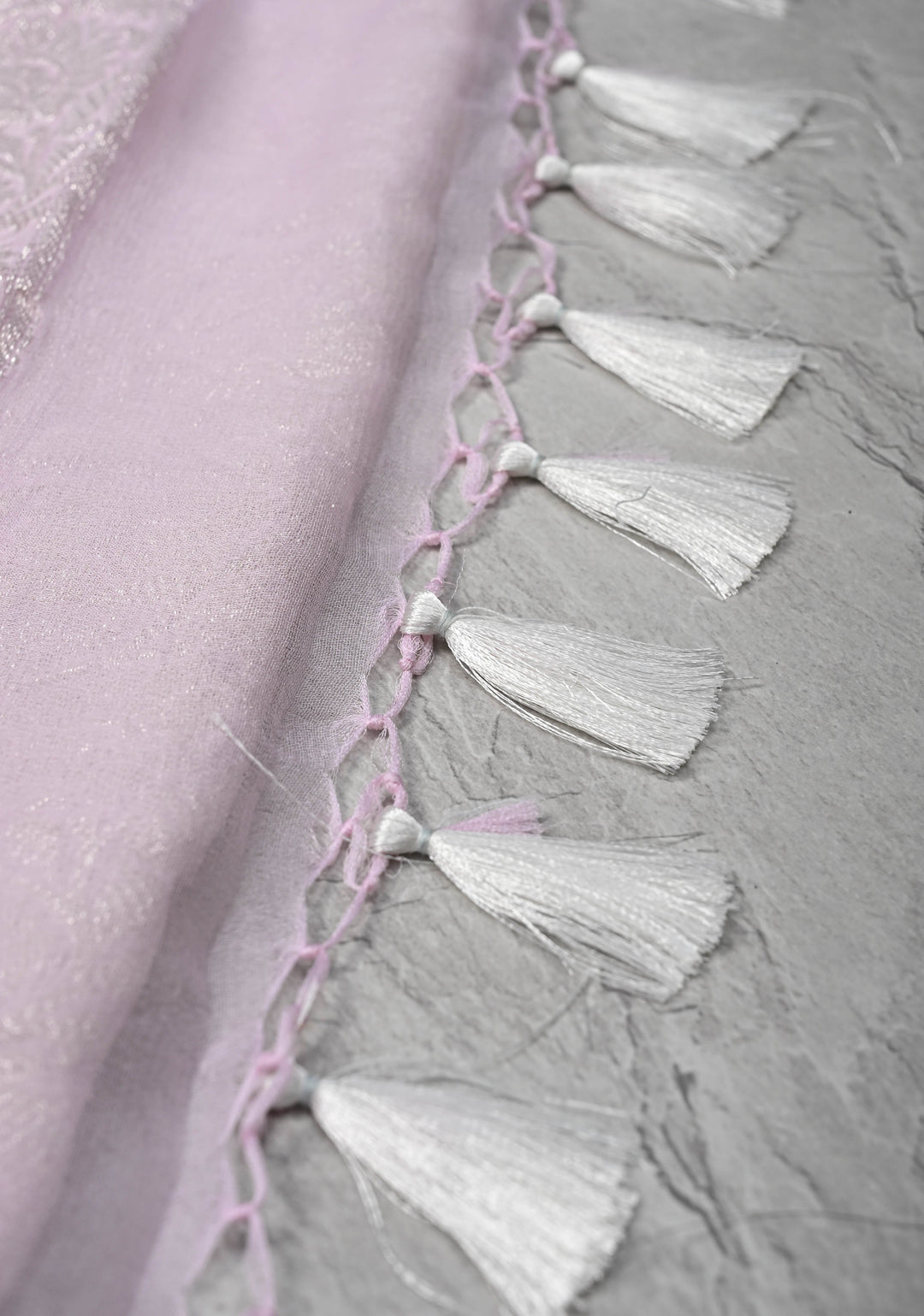Baby Pink Silk Chiffon Saree with Silver Tone Zari Buttas and Border | SILK MARK CERTIFIED