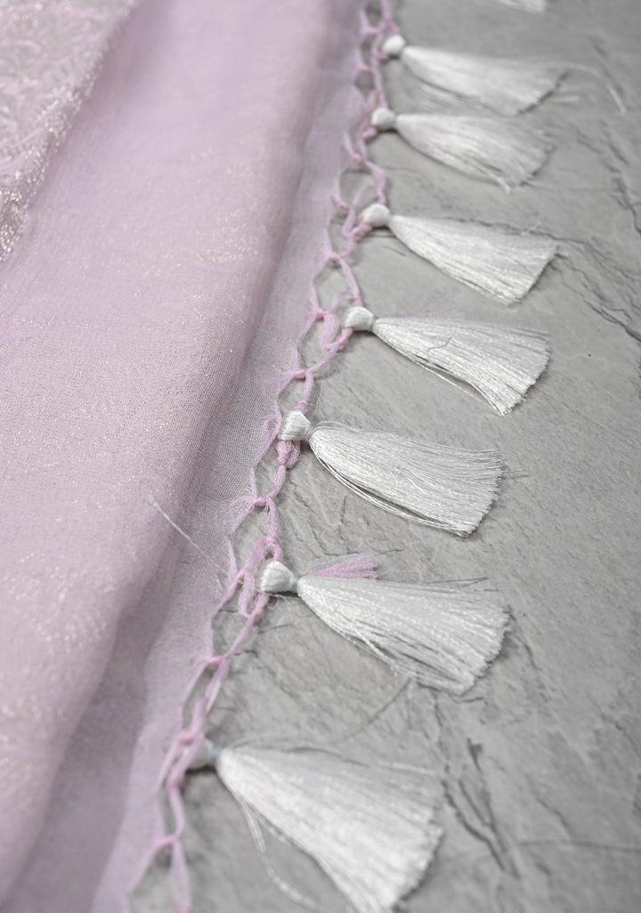 Baby Pink Silk Chiffon Saree with Silver Tone Zari Buttas and Border | SILK MARK CERTIFIED