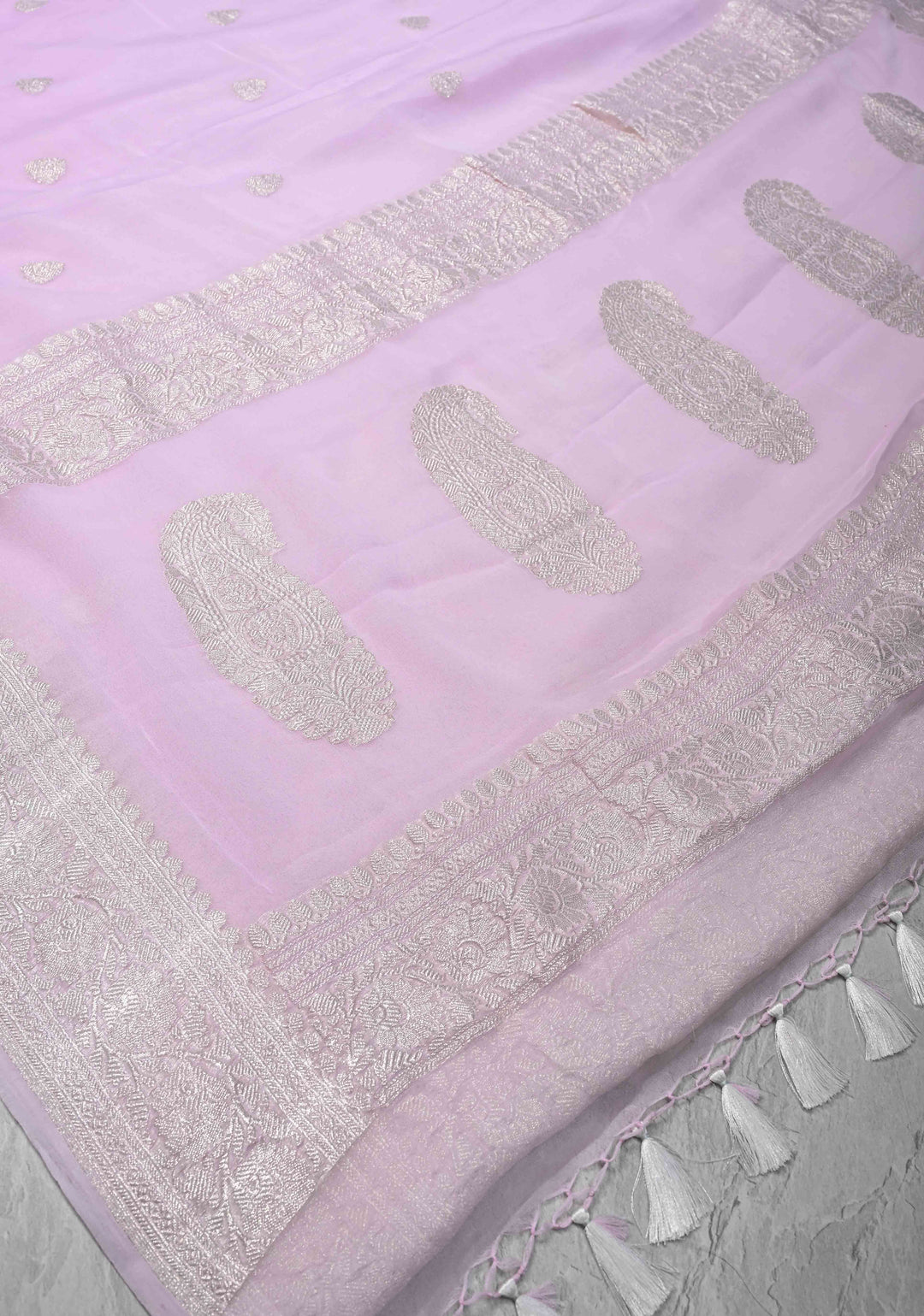 Baby Pink Silk Chiffon Saree with Silver Tone Zari Buttas and Border | SILK MARK CERTIFIED